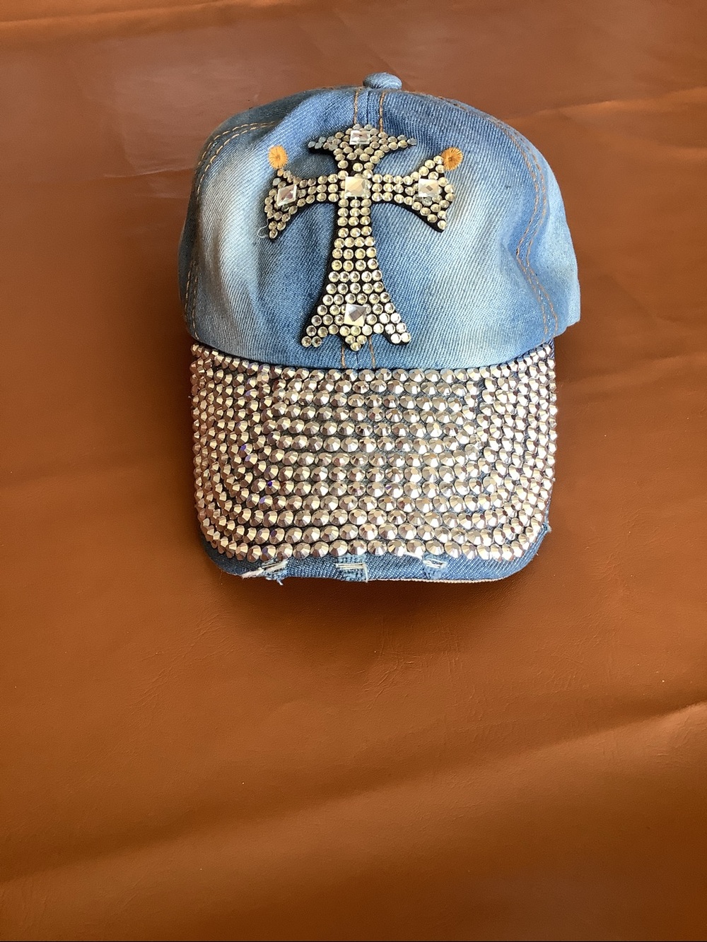 Embellished Crystal Cross Denim Cap in Light Blue NWOT